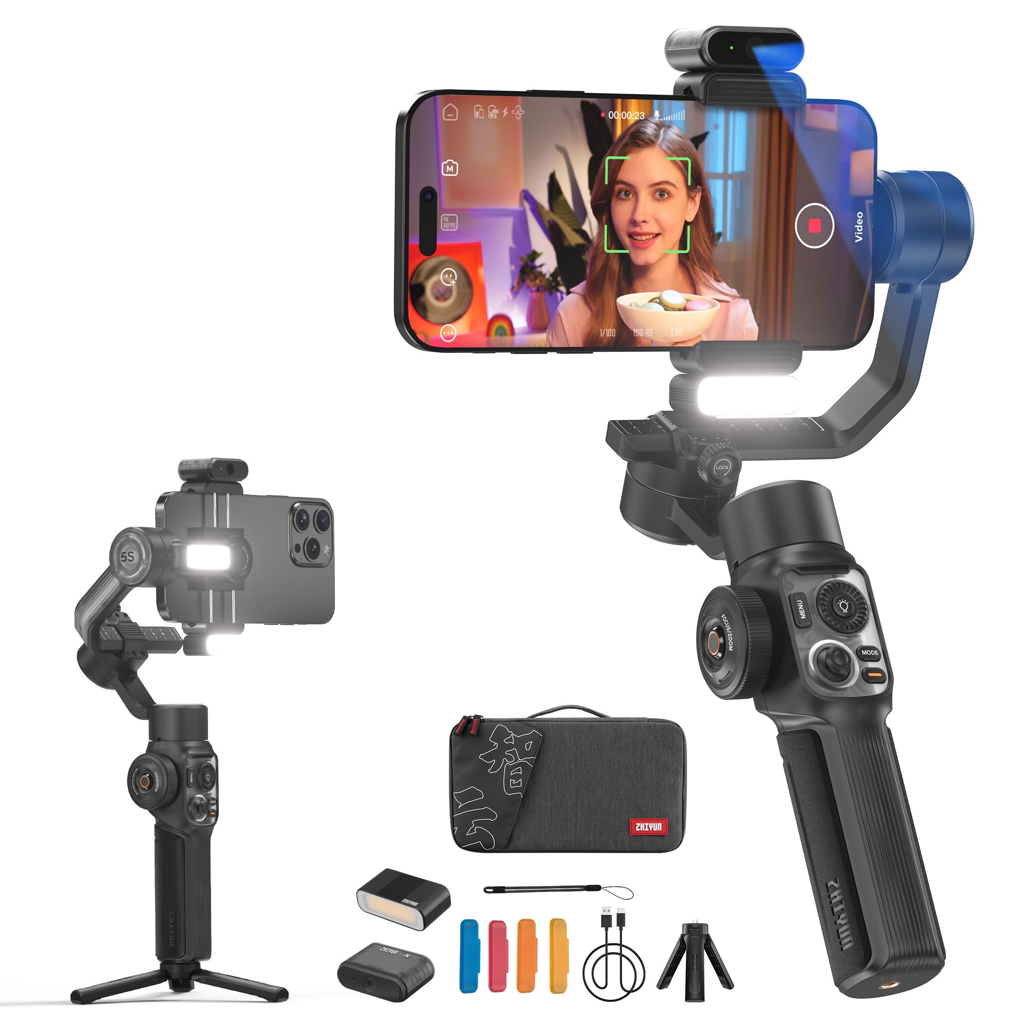 مثبت Zhiyun Smooth 5S AI Pro Gimbal، مثبت ثلاثي المحاور للهواتف الذكية مع متتبع AI، ضوء تعبئة مغناطيسي/مدمج، حقيبة تخزين، مثبت iPhone