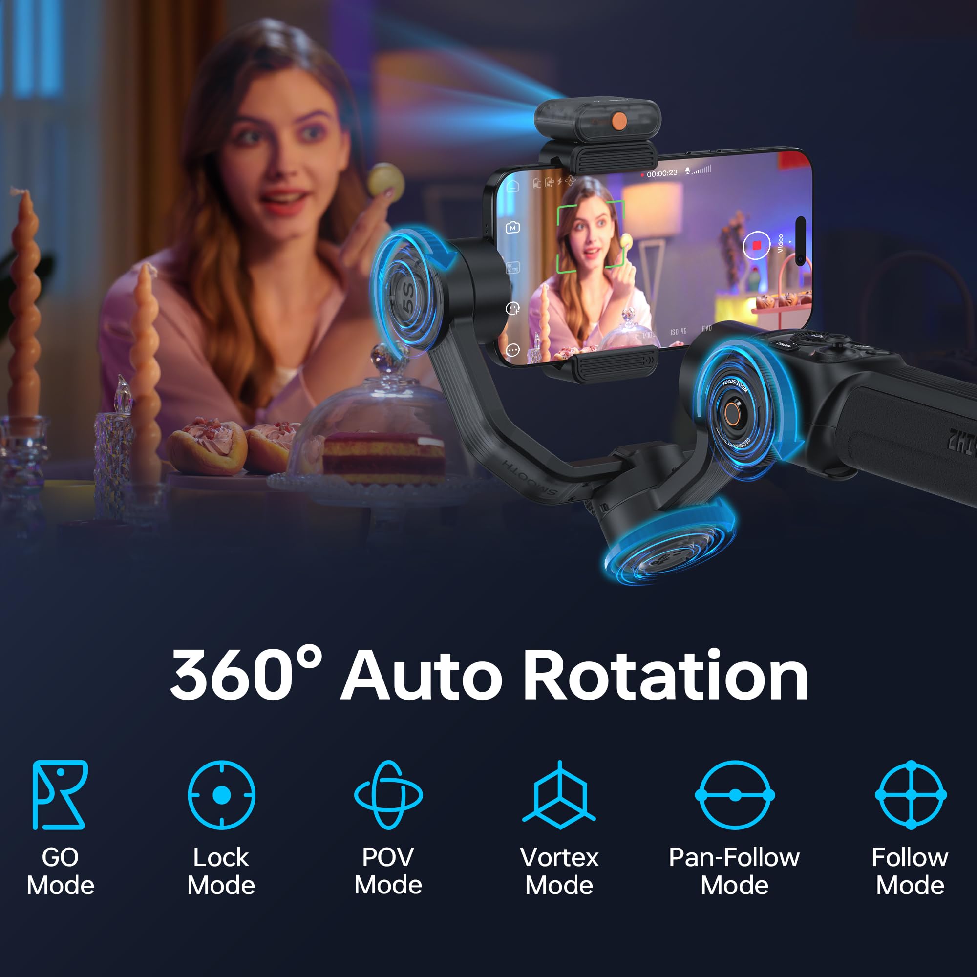 مثبت Zhiyun Smooth 5S AI Pro Gimbal، مثبت ثلاثي المحاور للهواتف الذكية مع متتبع AI، ضوء تعبئة مغناطيسي/مدمج، حقيبة تخزين، مثبت iPhone