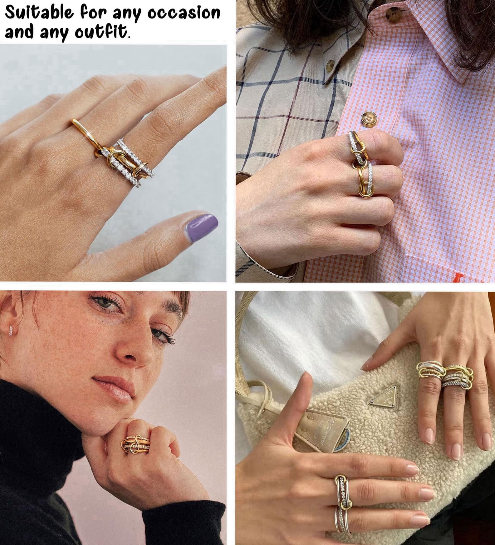 Women's gold and silver stacked ring, crafted from 18K gold-plated and platinum-plated brass. Women's gold and silver stacked ring, crafted from 18K gold-plated and platinum-plated brass.