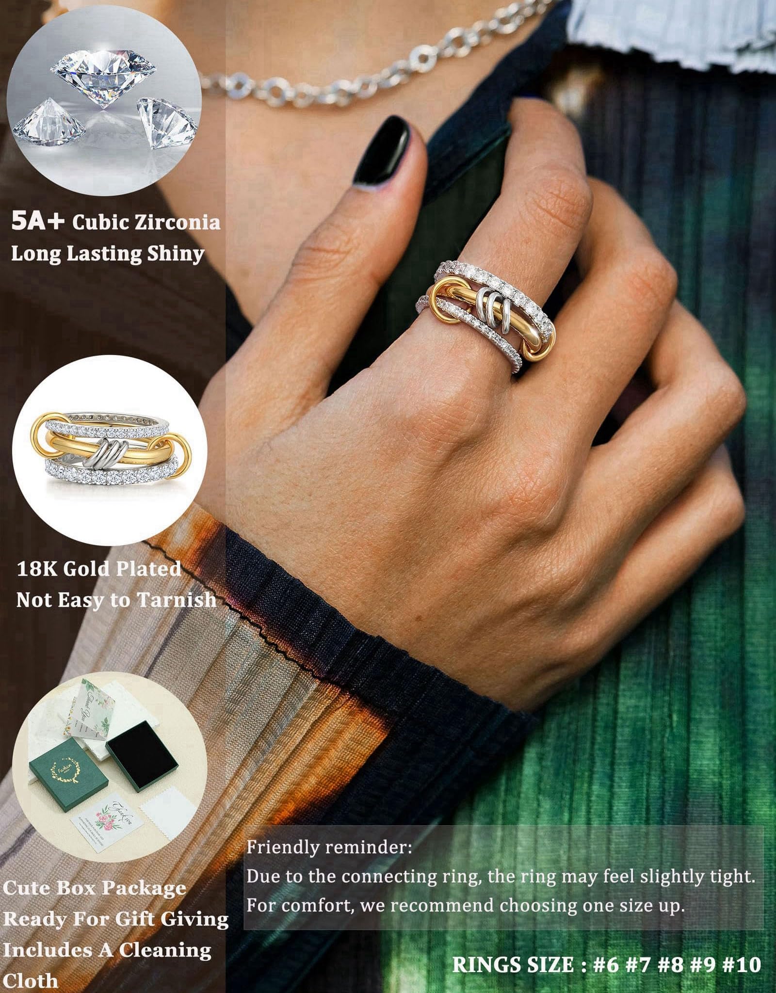 Women's gold and silver stacked ring, crafted from 18K gold-plated and platinum-plated brass. Women's gold and silver stacked ring, crafted from 18K gold-plated and platinum-plated brass.