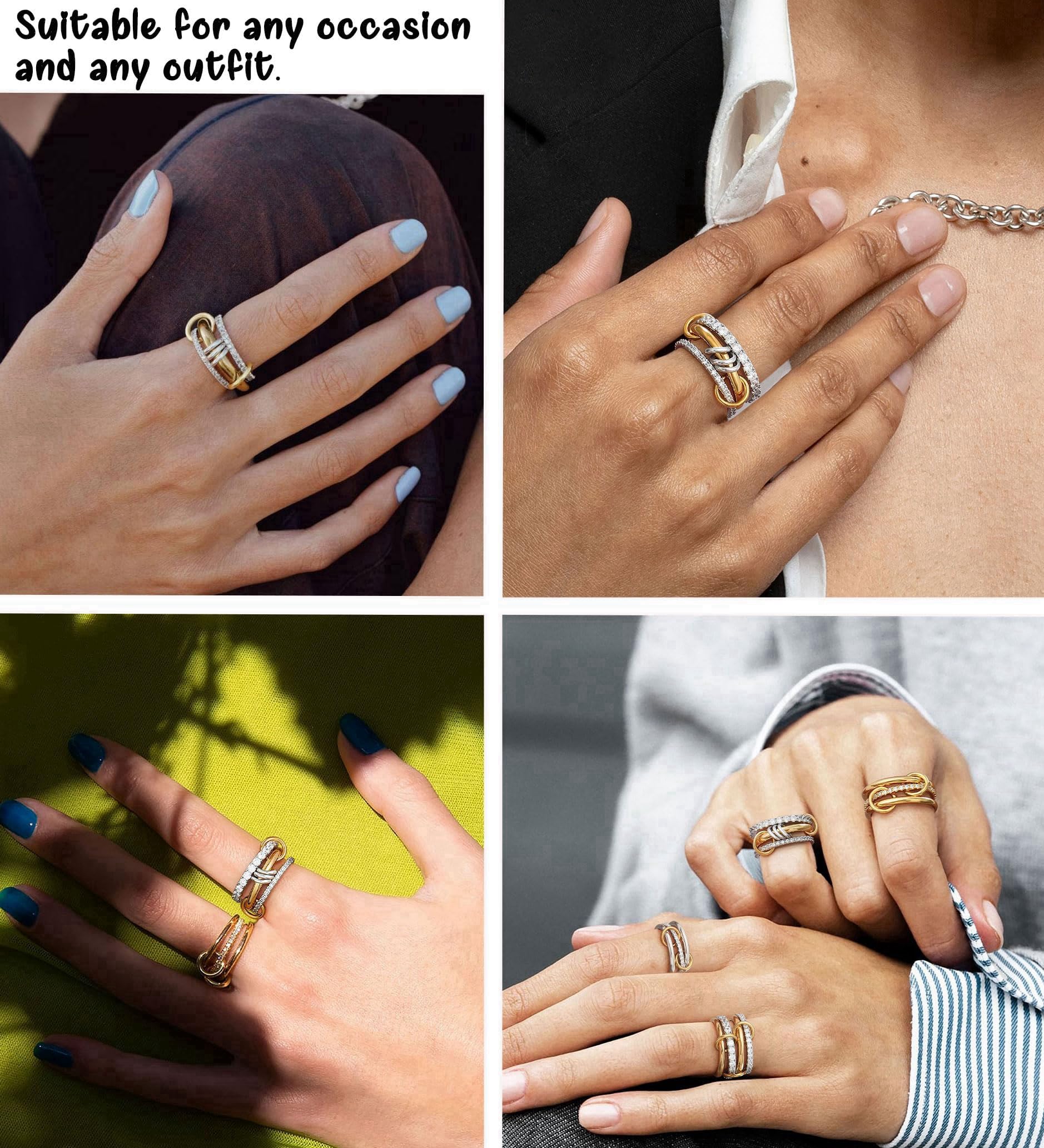 Women's gold and silver stacked ring, crafted from 18K gold-plated and platinum-plated brass. Women's gold and silver stacked ring, crafted from 18K gold-plated and platinum-plated brass.