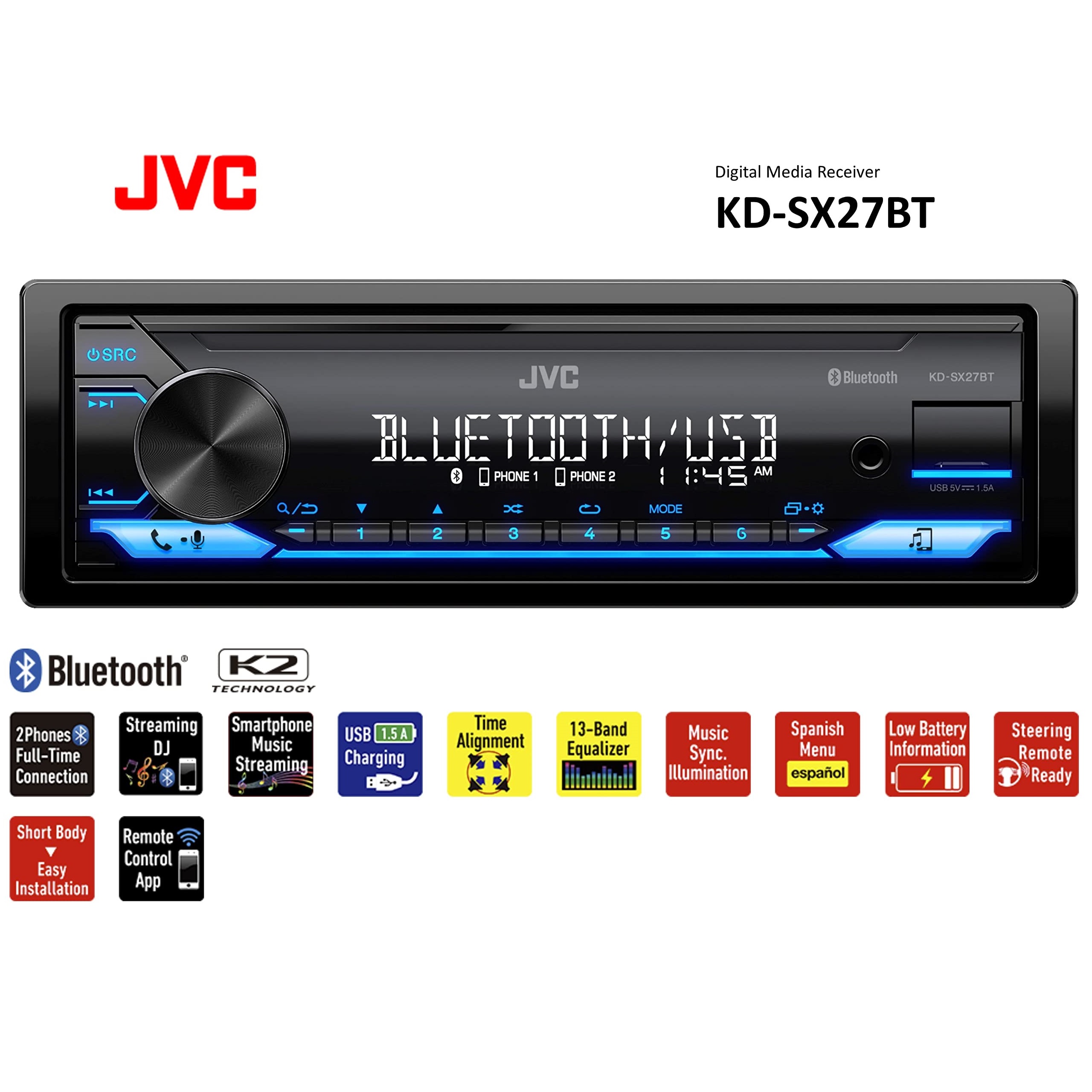 جهاز ستيريو سيارة JVC KD-SX27BT مزود بتقنية بلوتوث جهاز ستيريو سيارة JVC KD-SX27BT مزود بتقنية بلوتوث