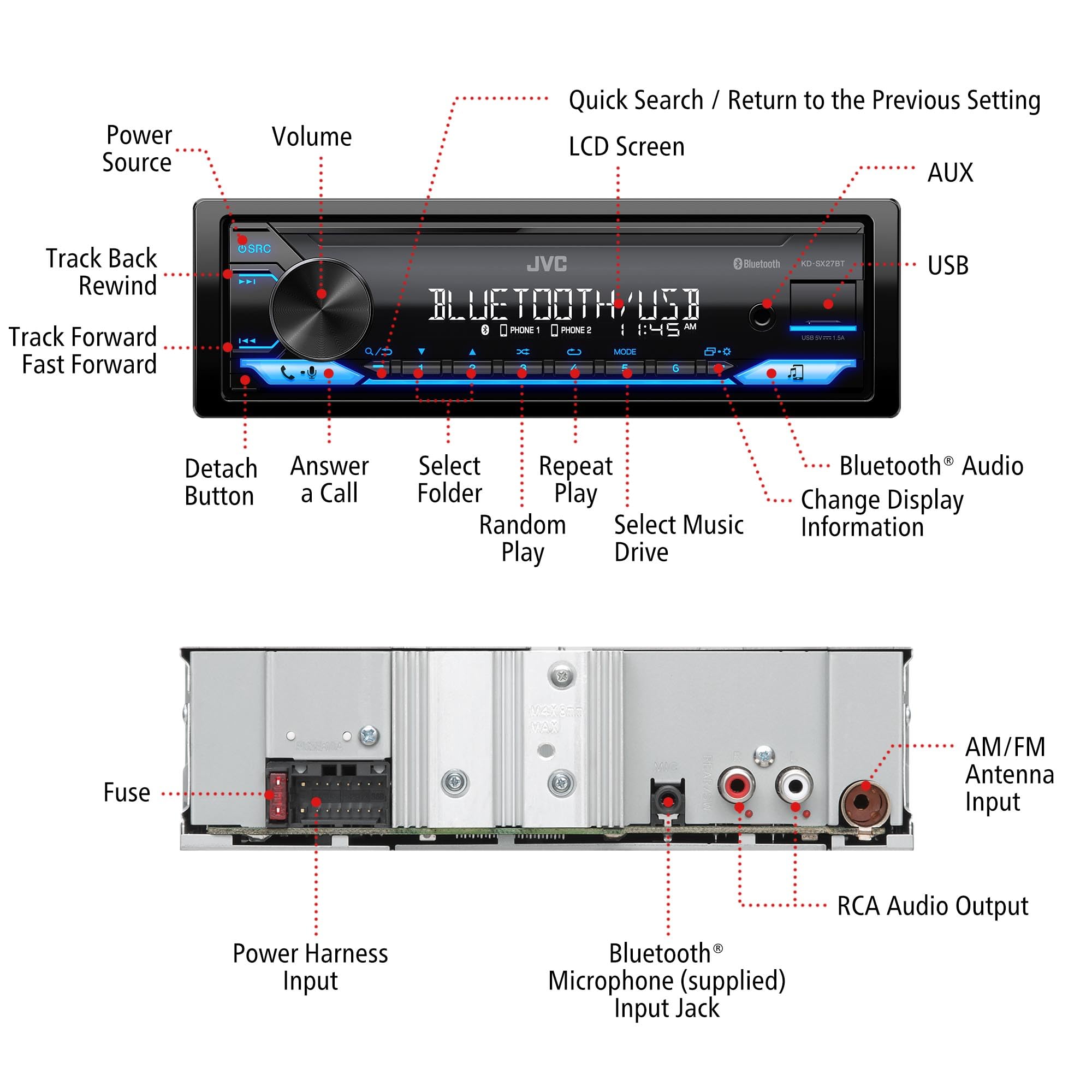 جهاز ستيريو سيارة JVC KD-SX27BT مزود بتقنية بلوتوث جهاز ستيريو سيارة JVC KD-SX27BT مزود بتقنية بلوتوث