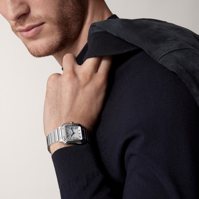 Santos De Cartier Watch Medium Model, Automatic Movement, Steel, Interchangeable Metal And Leather Bracelets